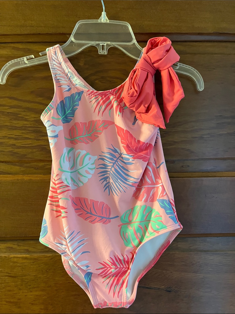 TBBC Girls Pink Tropical Leaf One-Shoulder Swimsuit with Shoulder Bow